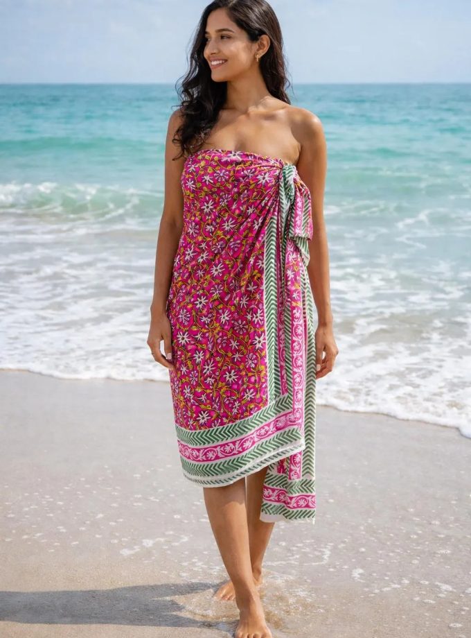 Pink Floral Cotton Beach Sarong for Women
